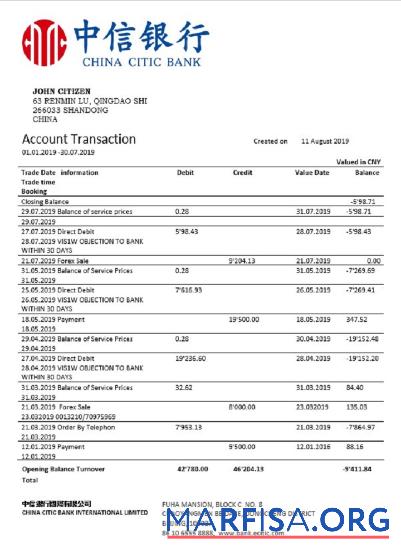 Downloadable China Citic Bank Corp bank statement word template